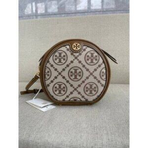 478$ Tory Burch T Monogram Hazelnut Jacquard Circle Bag Crossbody Leather Brown
